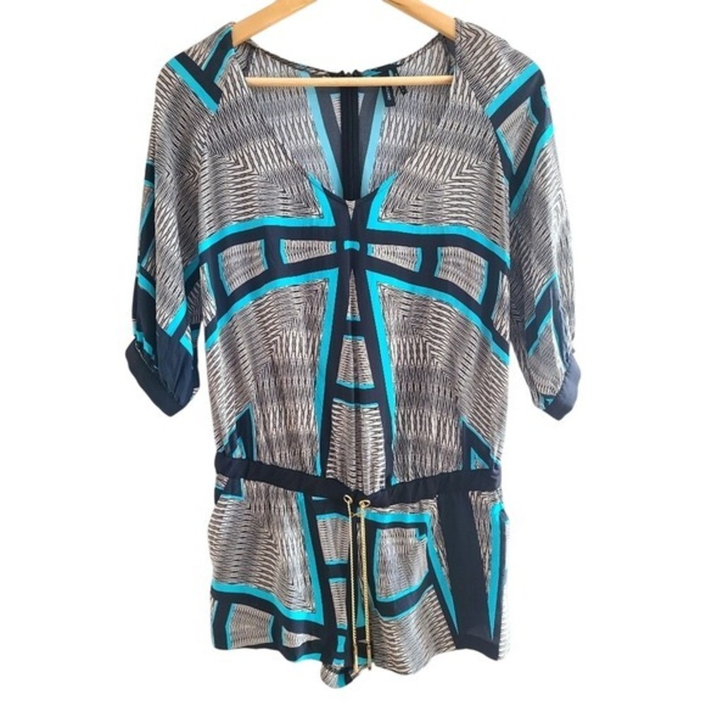Marciano Lightweight Silk Geometric Print Romper with Gold Chain Belt‎ Size 0